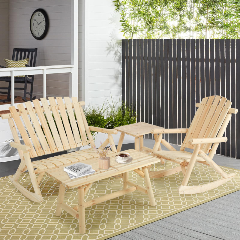 Beachcrest Home 4 Piece Outdoor Wood Rocking Bistro Set Adirondack Rocker Chair Set With Rocking Bench Log Rocker And 2 Coffee Tables Patio Wooden Furniture Set High Fanned Back Slatted Seat Wayfair